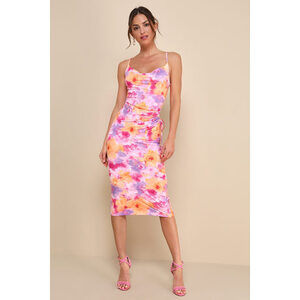 Lulus Vibrant Babe Pink Multi Floral Cutout Drawstring Midi Dress - Size L